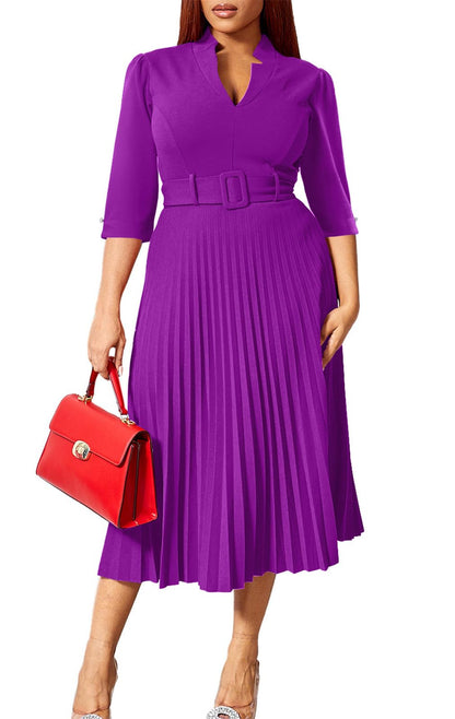 V Neck Belted Pleated Dress