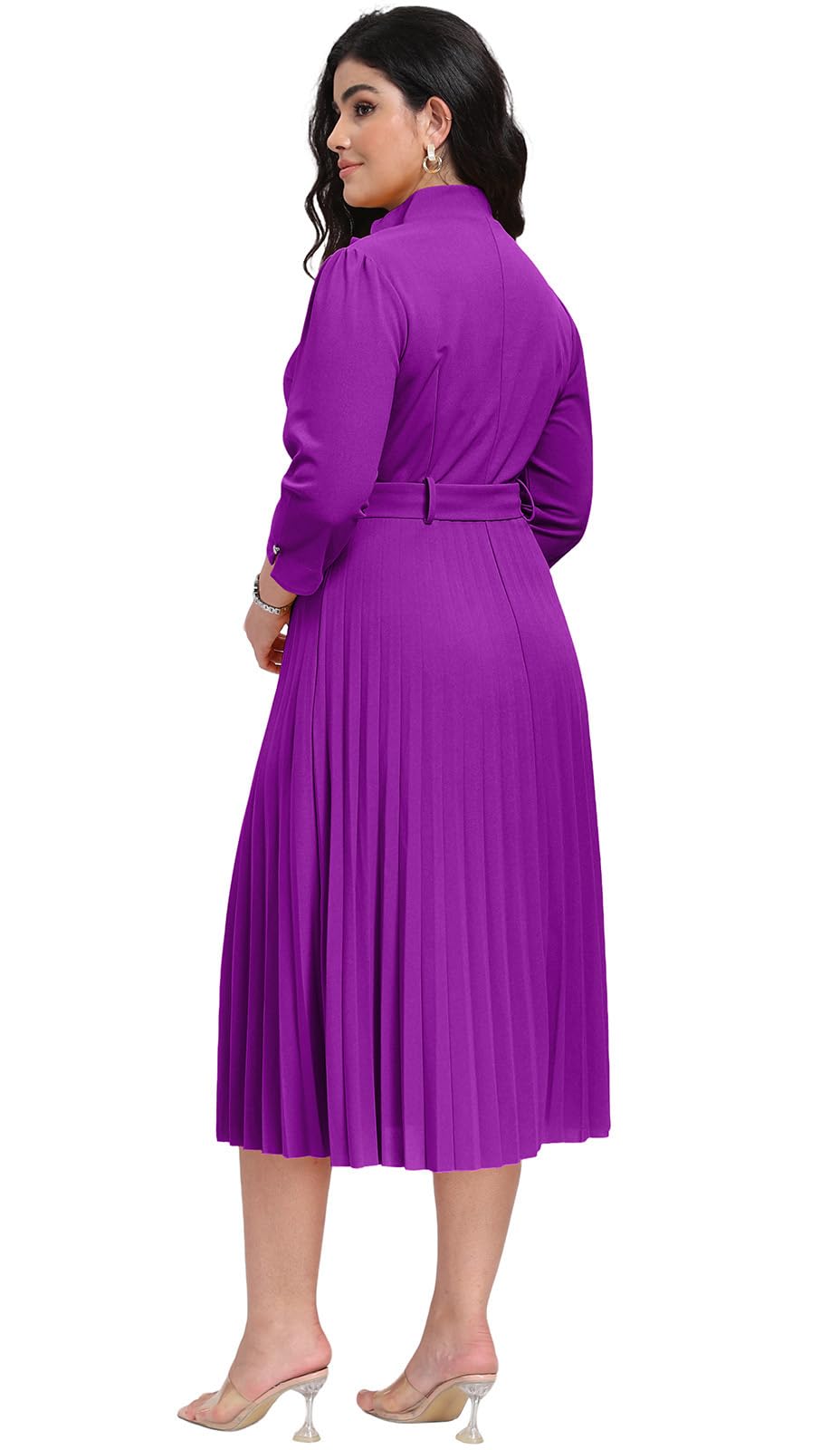 V Neck Belted Pleated Dress