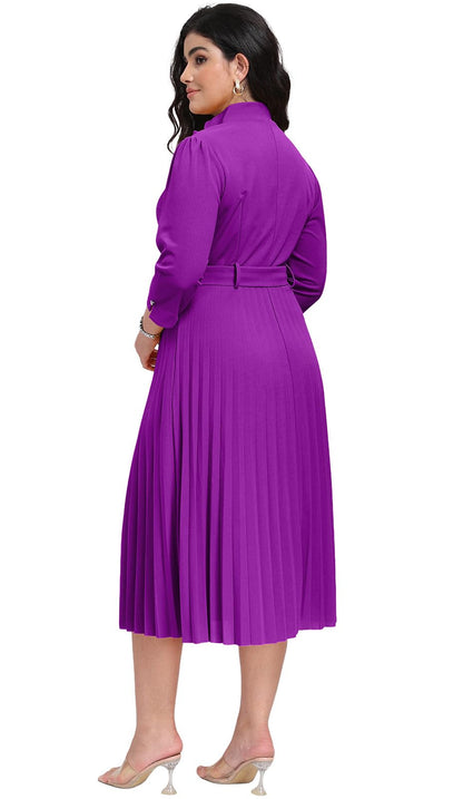 V Neck Belted Pleated Dress