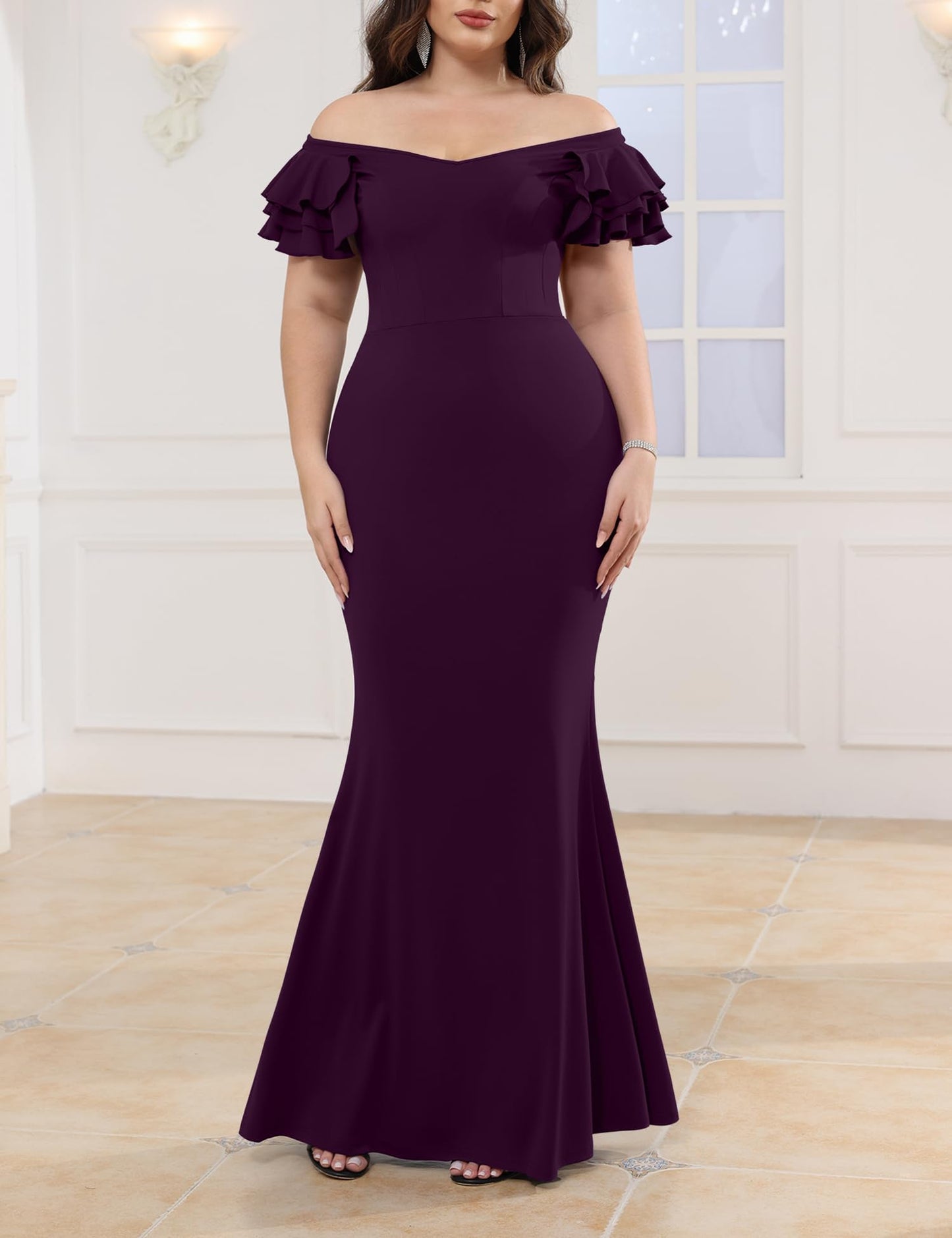 Maxi Dress  V-Neck Ruffle Sleeves Mermaid