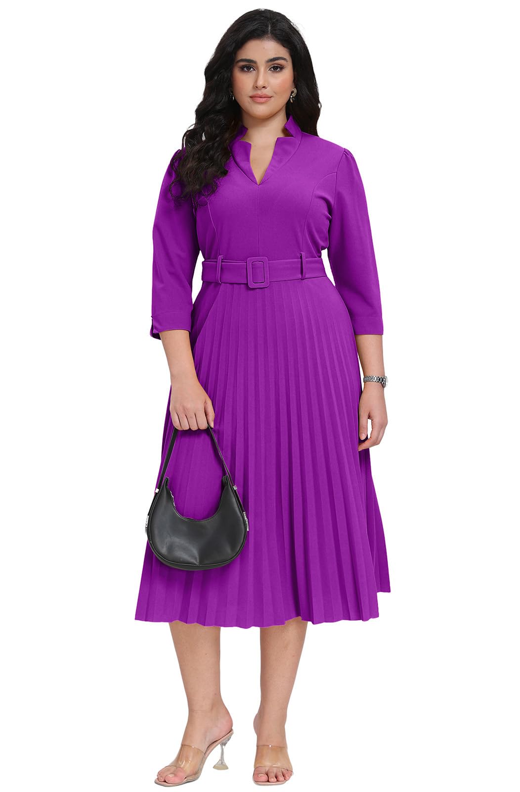 V Neck Belted Pleated Dress