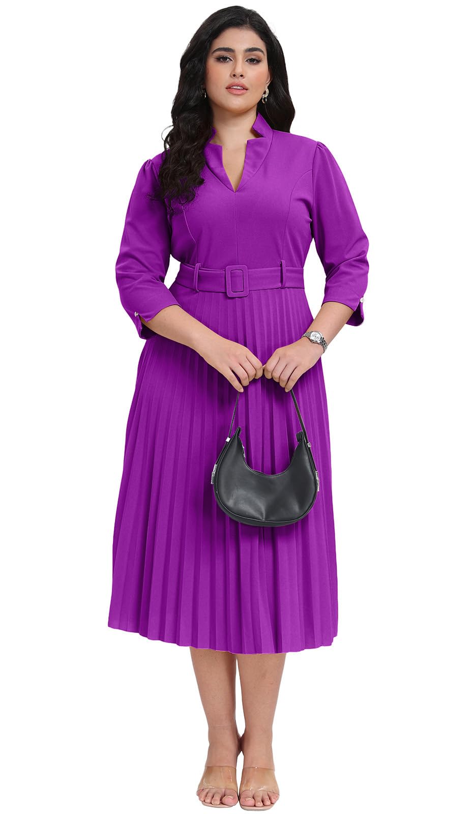 V Neck Belted Pleated Dress
