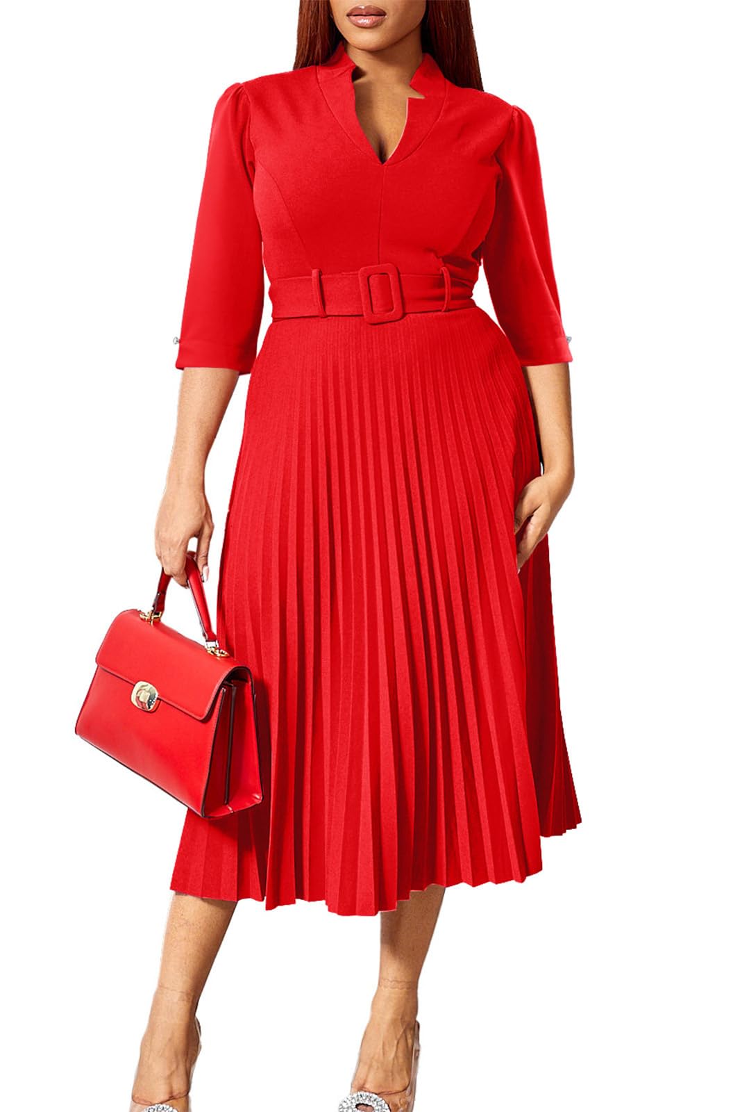 V Neck Belted Pleated Dress