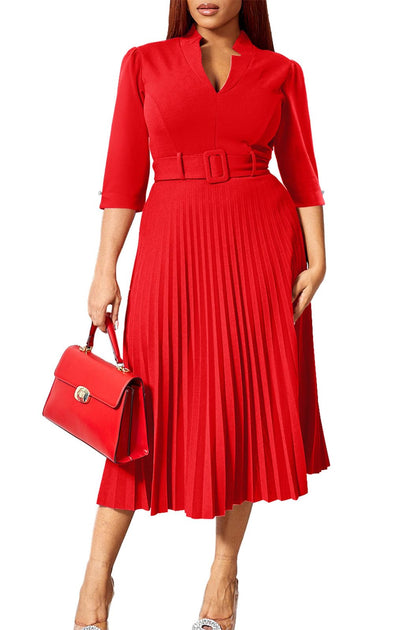 V Neck Belted Pleated Dress