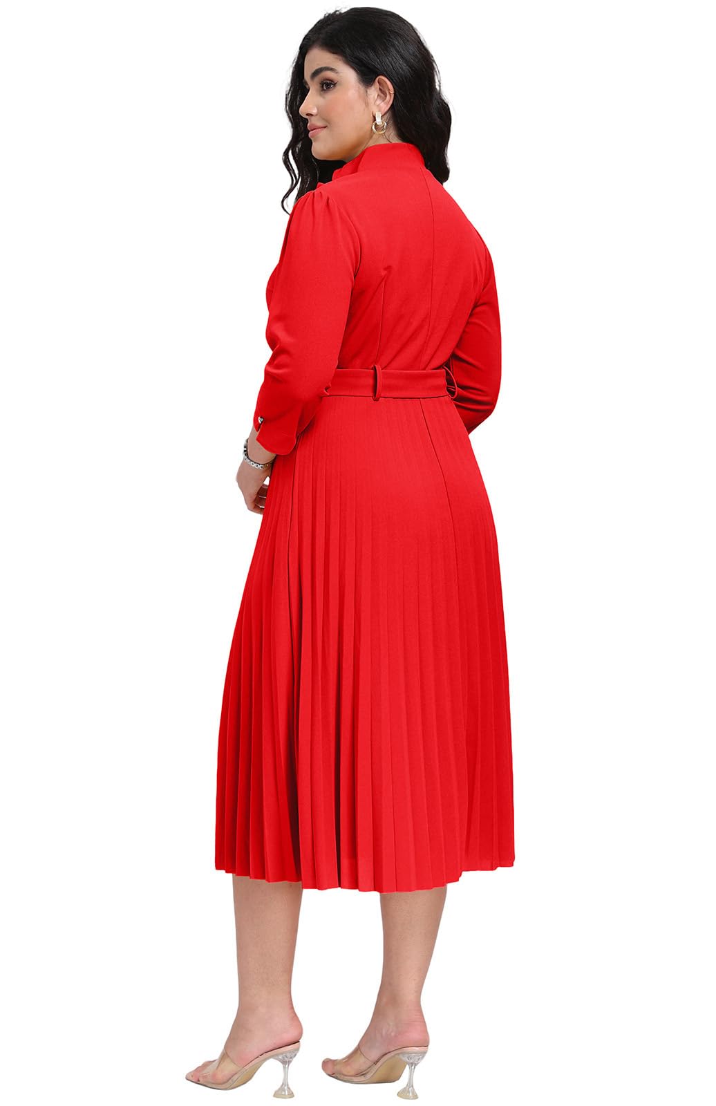 V Neck Belted Pleated Dress