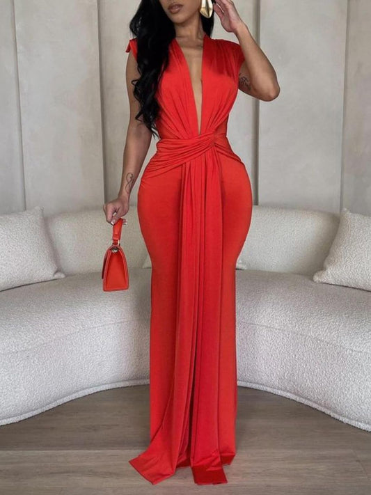 Deep V Neck Tie Front Maxi Dress