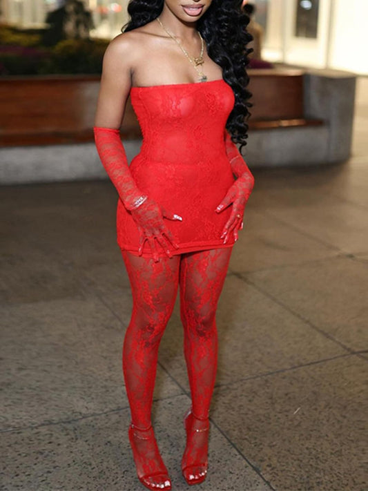Lace Tube Dress Stocking Set