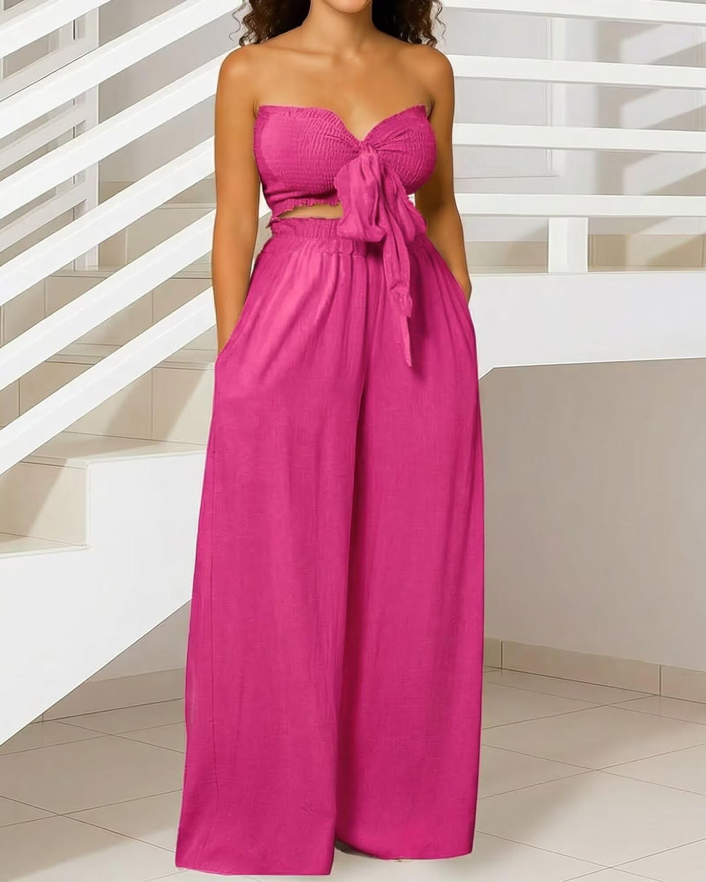 Knot Front Wide Leg Pants Set