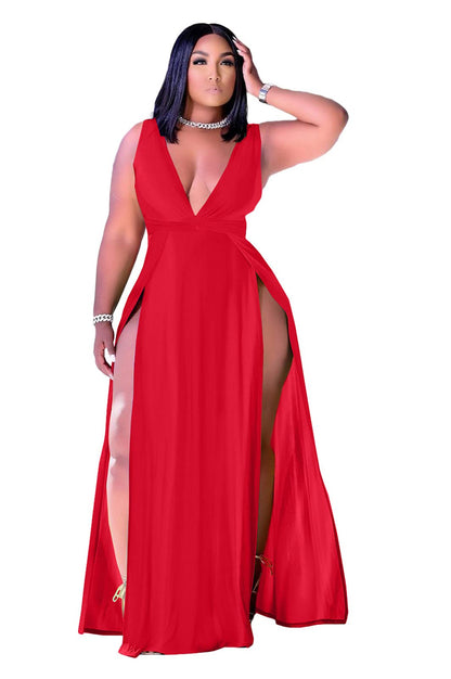 Plus Size Sleeveless V-Neck Split Maxi Dress