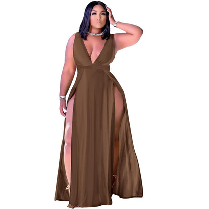 Plus Size Sleeveless V-Neck Split Maxi Dress