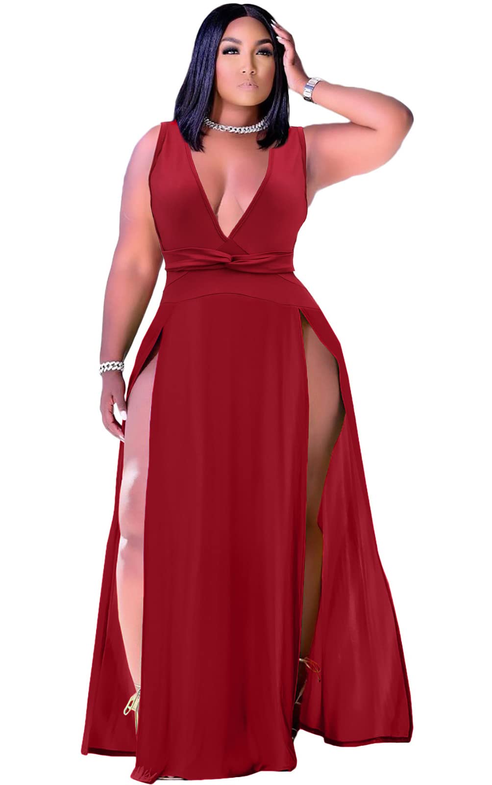 Plus Size Sleeveless V-Neck Split Maxi Dress