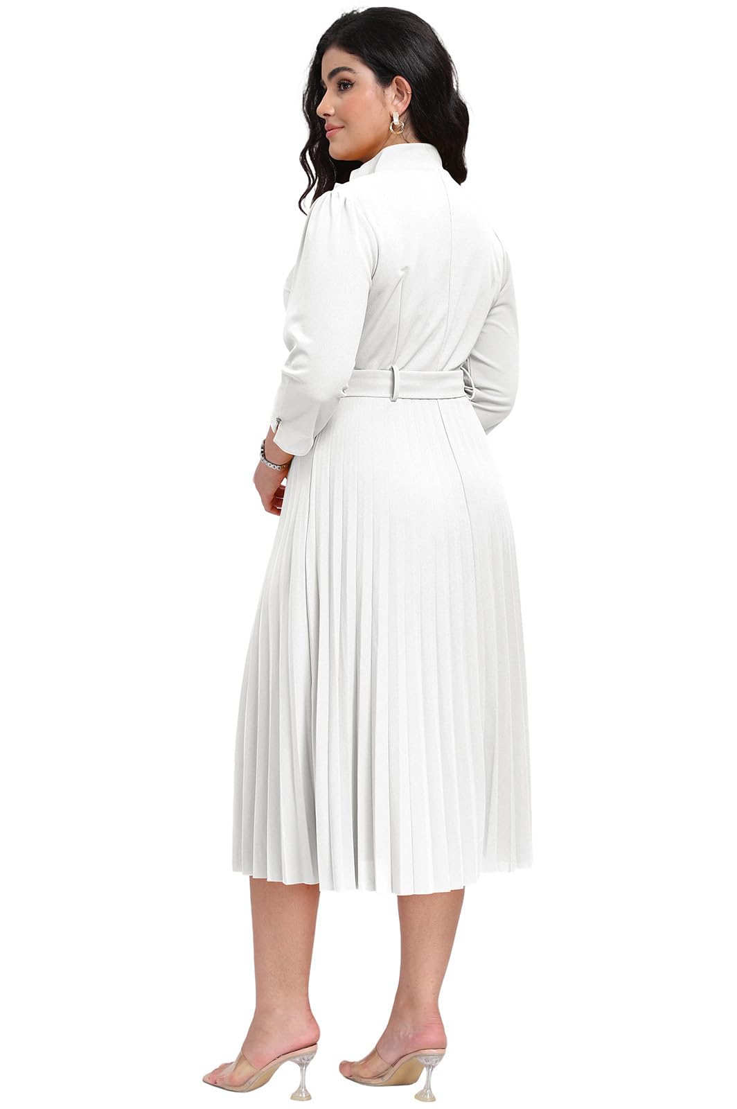 V Neck Belted Pleated Dress