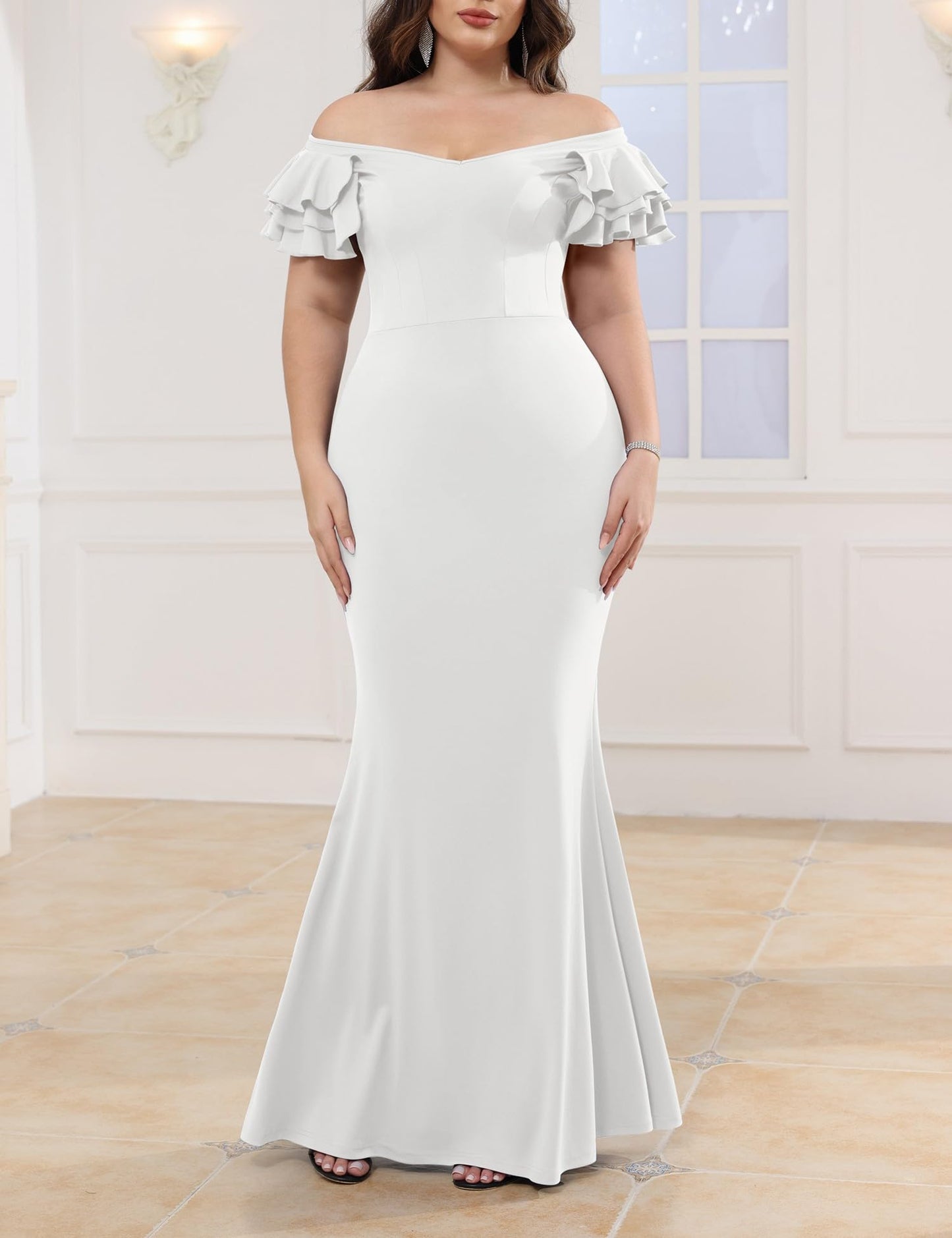 Maxi Dress  V-Neck Ruffle Sleeves Mermaid