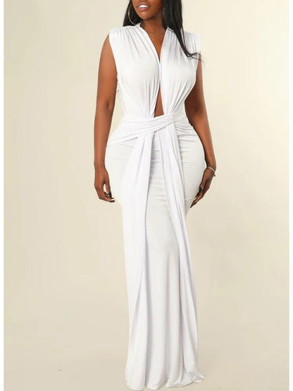 Deep V Neck Tie Front Maxi Dress