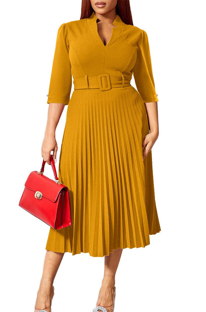 V Neck Belted Pleated Dress