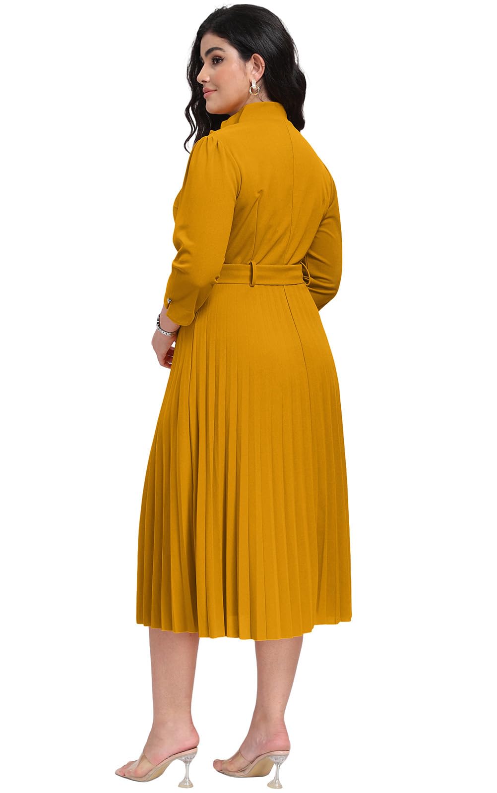 V Neck Belted Pleated Dress