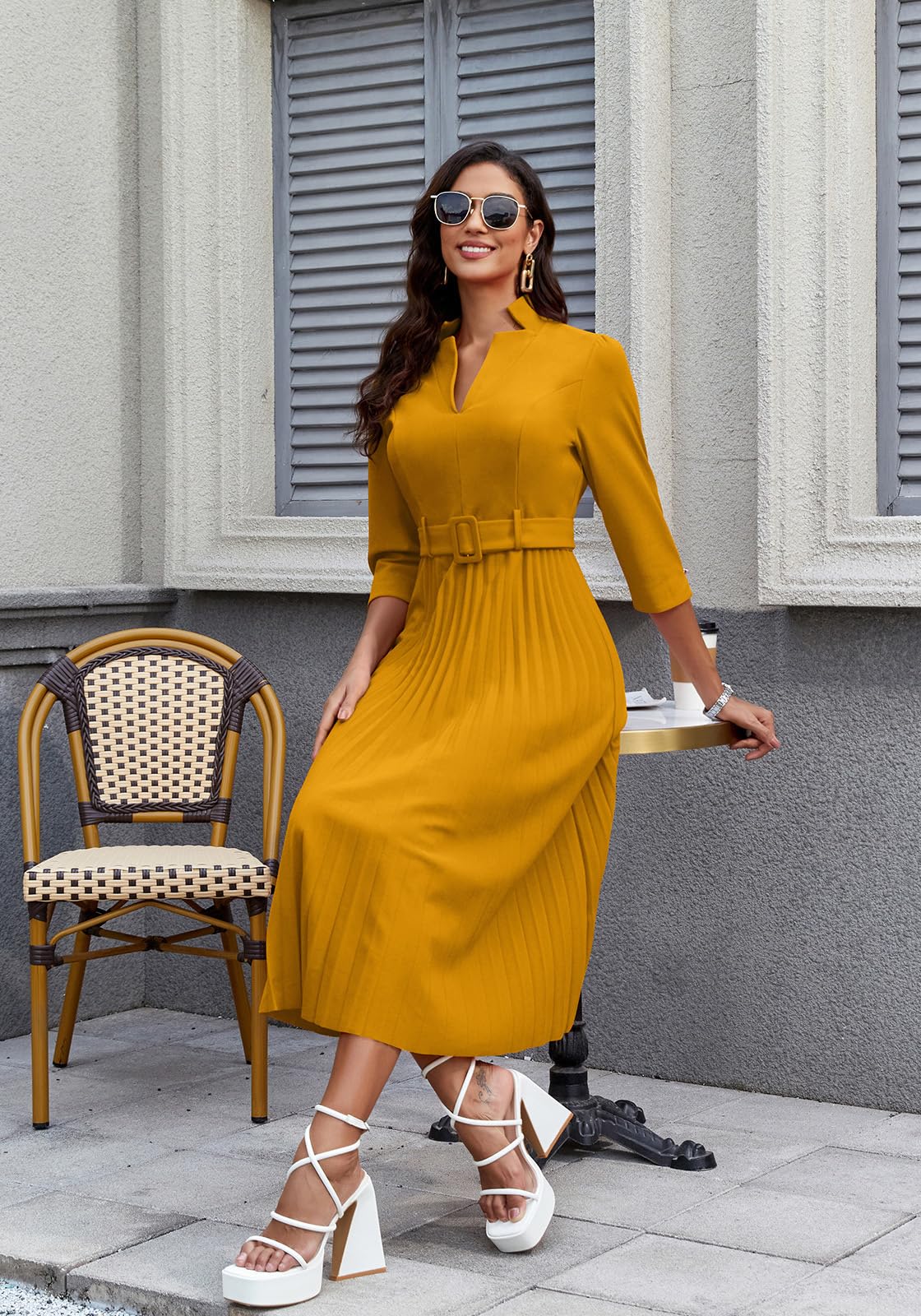 V Neck Belted Pleated Dress