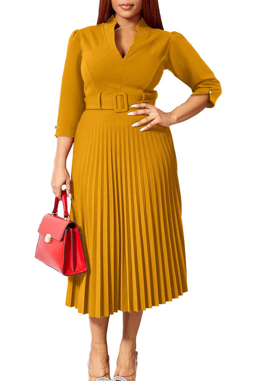 V Neck Belted Pleated Dress