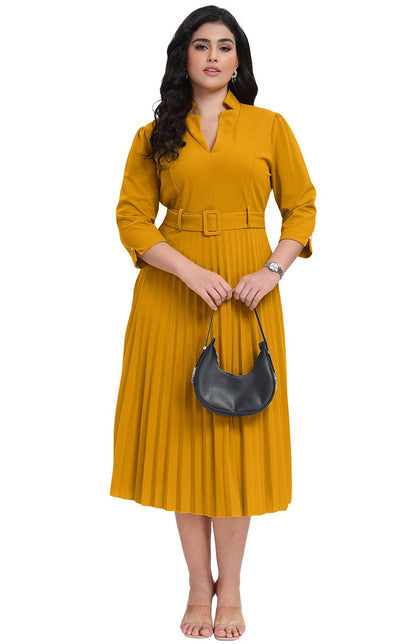 V Neck Belted Pleated Dress