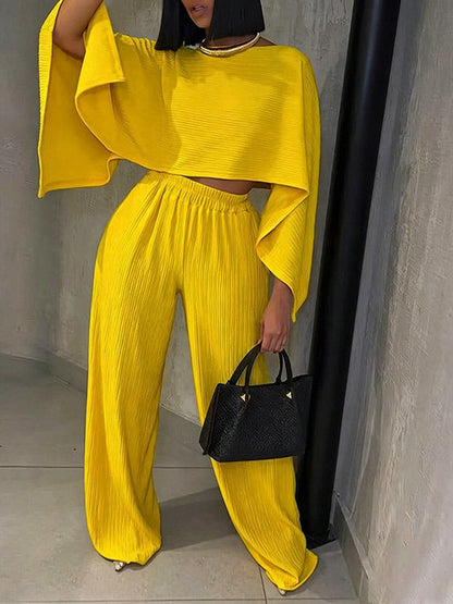 Plissé Asymmetric Top & Wide Pants Set