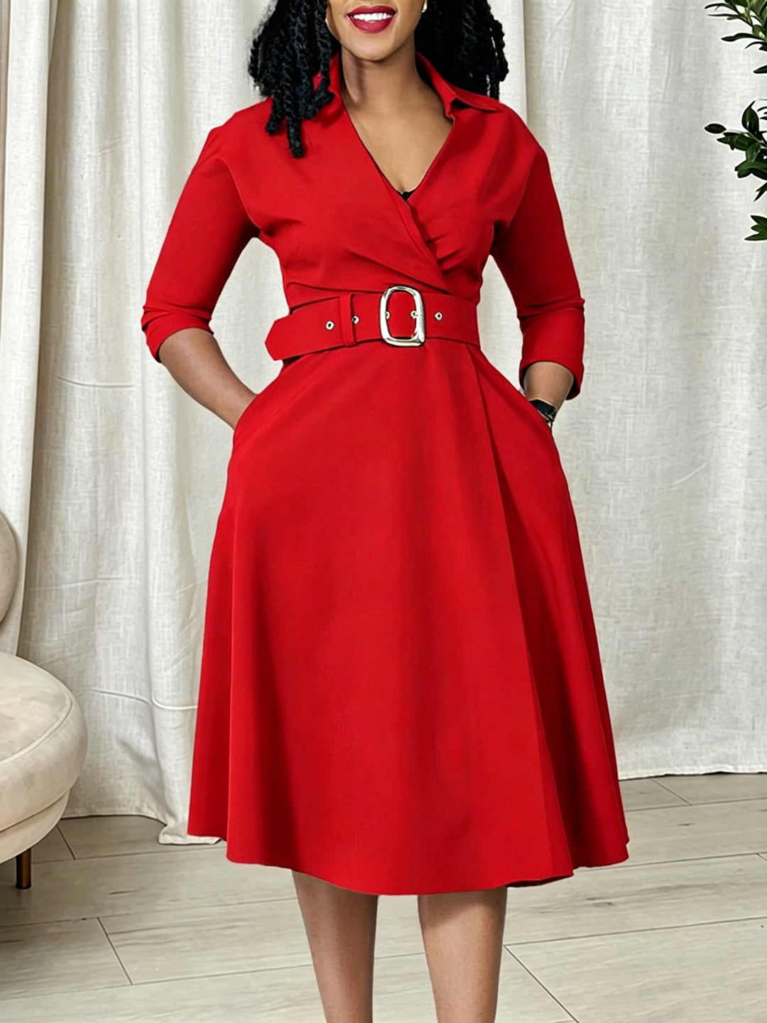 V Neck A Line Midi Dress