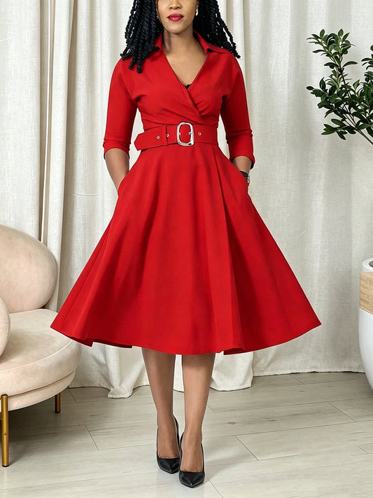 V Neck A Line Midi Dress