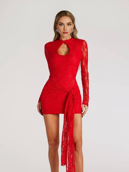 Sophia Red Lace Ruched Mini Dress