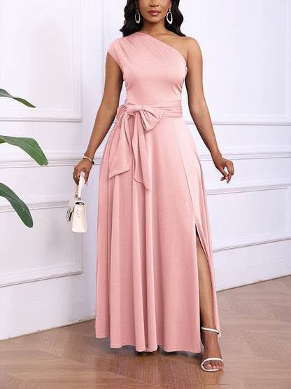 Elegant One Shoulder Belt Maxi Dress