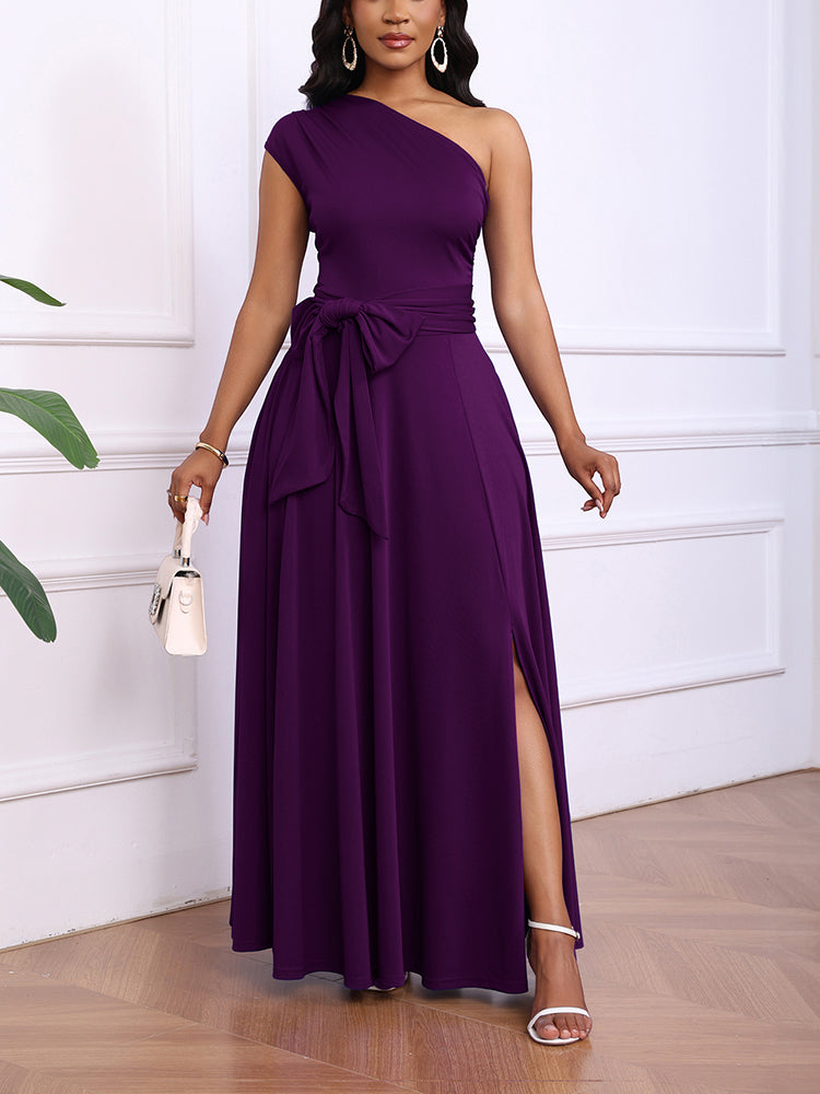 Elegant One Shoulder Belt Maxi Dress